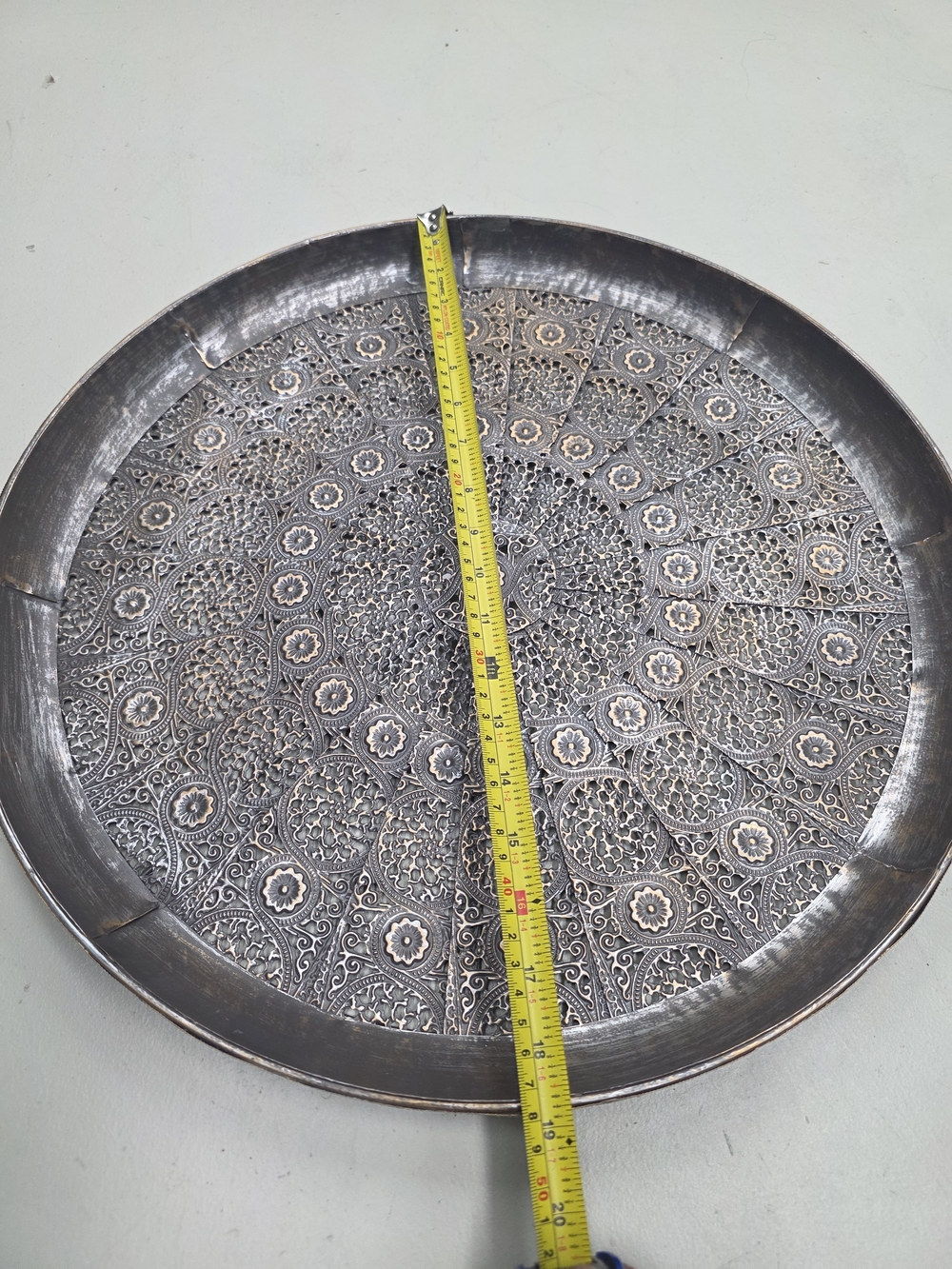 Ornate Silver-Tone Embossed Metal Decorative Serving Tray